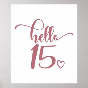 Poster 15th Birthday Women Hello 15 Cute 15 Years Old