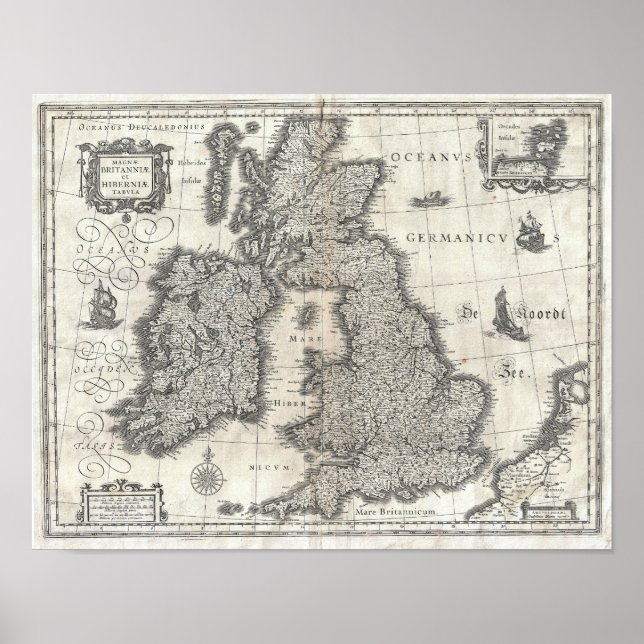 Poster 1631 Blaeu Carte de l'Angleterre, l'Écosse et l'Ir (Devant)