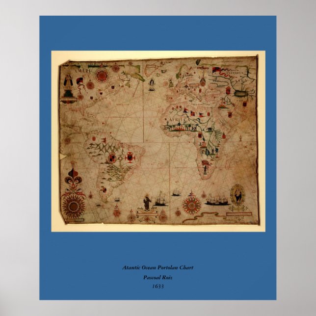 Poster 1633 Atantic Ocean Portolan Chart - Pascoal Roiz (Devant)