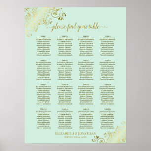 Poster 16 Table Mint Green & Gold Wedding Seating Chart