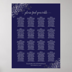 Poster 16 Table Silver on Navy Blue Wedding Seating Chart