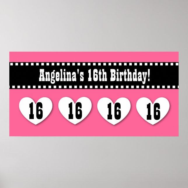 Poster 16e anniversaire Pink Black Hearts bannière person (Devant)