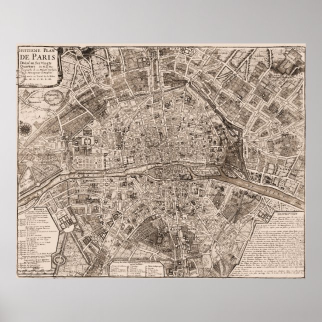 Poster 1705 Carte de Paris, France (Devant)