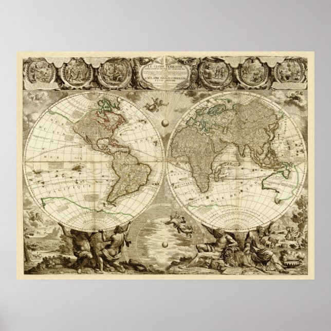 Poster 1708 World Map by Jean Baptiste Nolin (Devant)
