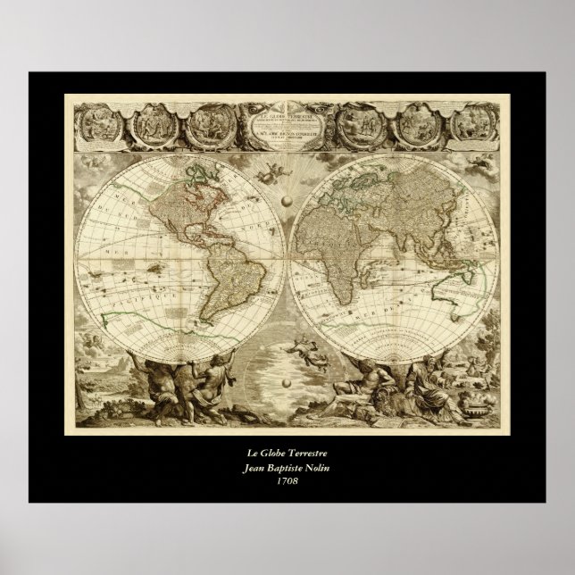 Poster 1708 World Map by Jean Baptiste Nolin (Devant)