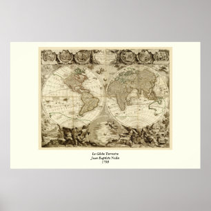 Poster 1708 World Map by Jean Baptiste Nolin