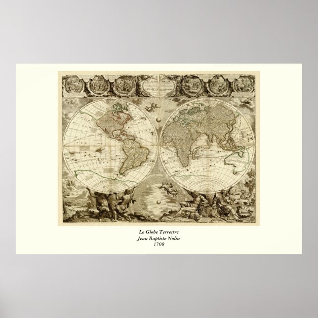 Poster 1708 World Map by Jean Baptiste Nolin (Devant)
