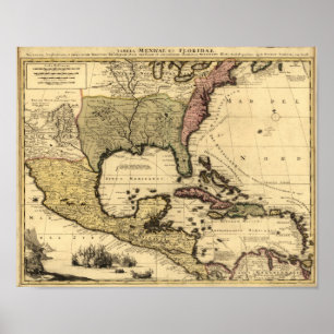 Poster 1710 Carte du Mexique, des Caraïbes et de l'Amériq
