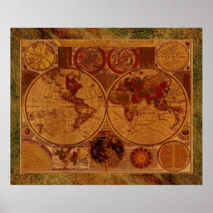 Poster 1780 Ancien Monde Carte Art avec bordure effet cui