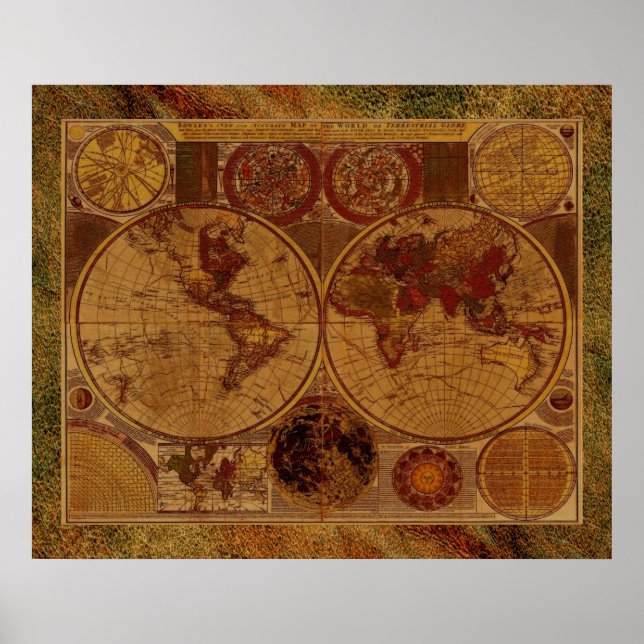 Poster 1780 Ancien Monde Carte Art avec bordure effet cui (Devant)