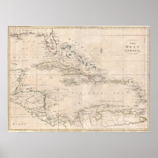 Poster 1799 Carte anglaise des Caraïbes GRAND