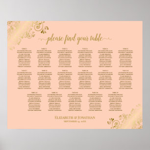 Poster 17 Table Coral Peach & Gold Wedding Seating Chart