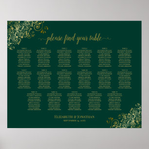 Poster 17 Table Emerald Green Gold Wedding Seating Chart