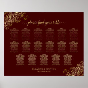 Poster 17 Table Lacy Gold Auburn Wedding Seating Chart
