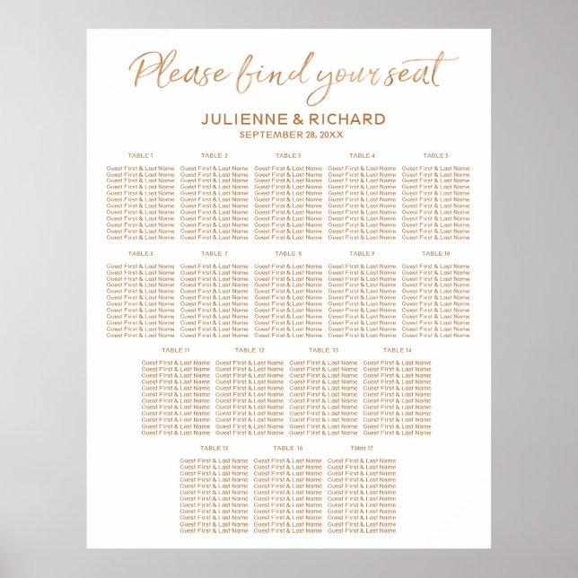 Poster 17 Tables Mariage Plan de siège Rose Gold Signal (Devant)
