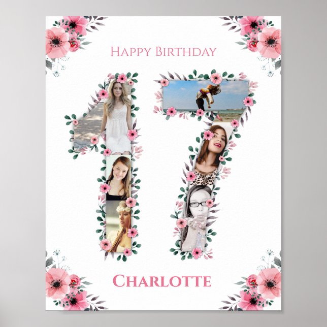 Poster 17e anniversaire Fille rose Photo Collage Blanc (Devant)