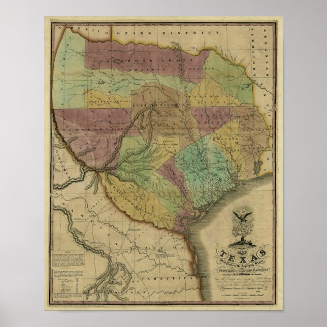 Poster 1837 Texas Map avec des parties des États adjacent (Devant)