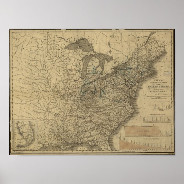 Poster 1840 Carte des canaux et chemins de fer des États- (Devant)