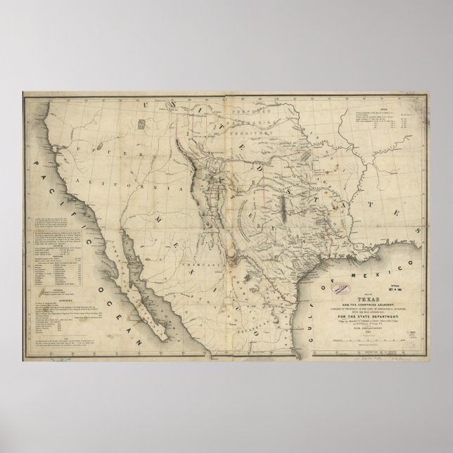 Poster 1844 Carte de la République du Texas et des pays a (Devant)
