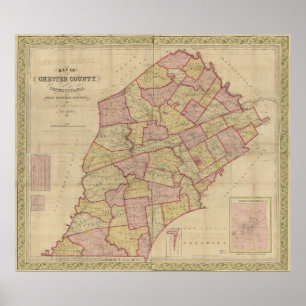 Poster 1847 Carte Chester County Pennsylvania PA