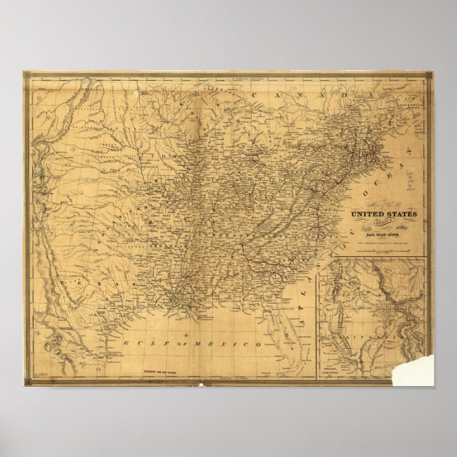 Poster 1847 Carte ferroviaire antique des États-Unis (Devant)