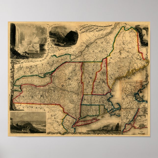 Poster 1850 Carte ferroviaire de la Nouvelle-Angleterre,  (Devant)