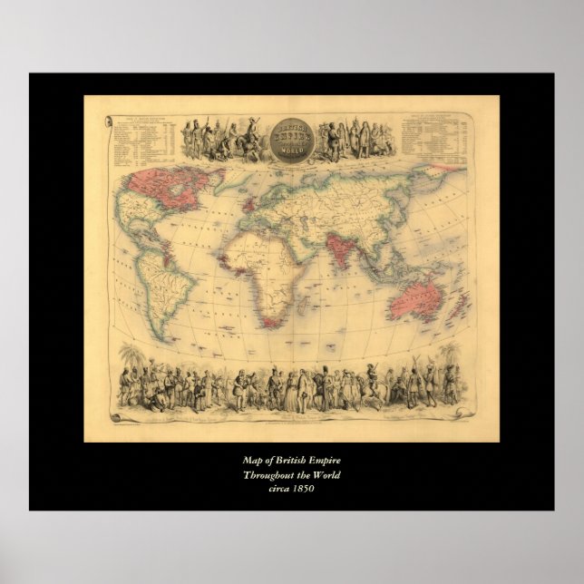Poster 1850's Map of British Empire Throughout the World (Devant)