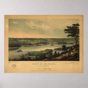Poster 1853 Saint Paul, MN Oiseaux Vue panoramique Carte