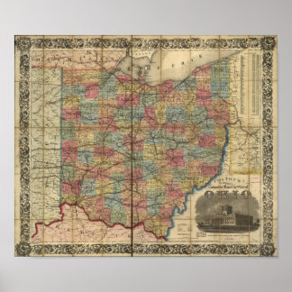 Poster 1854 Carte ferroviaire antique de l'Ohio