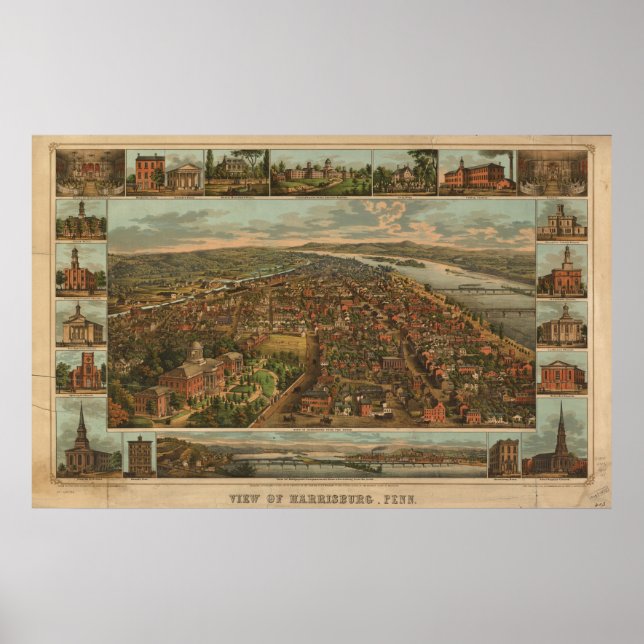 Poster 1855 Harrisburg, PA Oiseaux Vue panoramique (Devant)