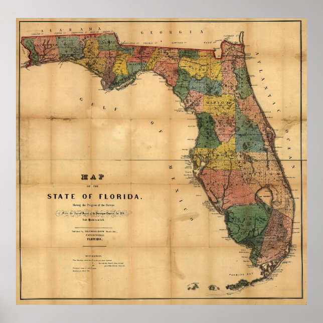 Poster 1856 Carte de l'État de Floride par Columbus Drew (Devant)