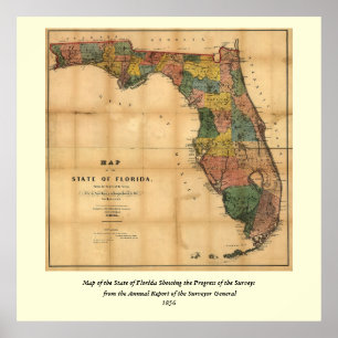 Poster 1856 Carte de l'État de Floride par Columbus Drew
