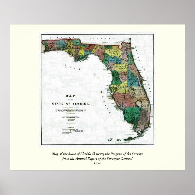 Poster 1856 Carte de l'État de Floride par Columbus Drew (Devant)