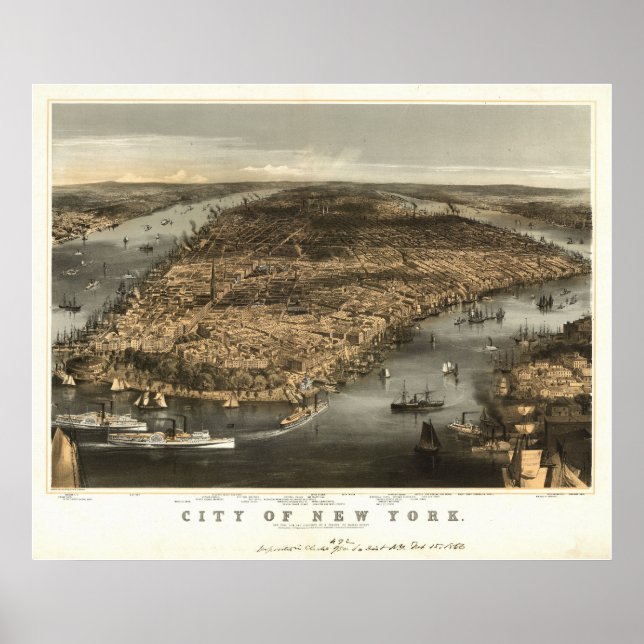 Poster 1856 New York City NY Oiseaux Vue panoramique (Devant)