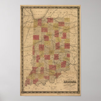 Poster 1858 Carte de l'Indiana représentant les Rails et