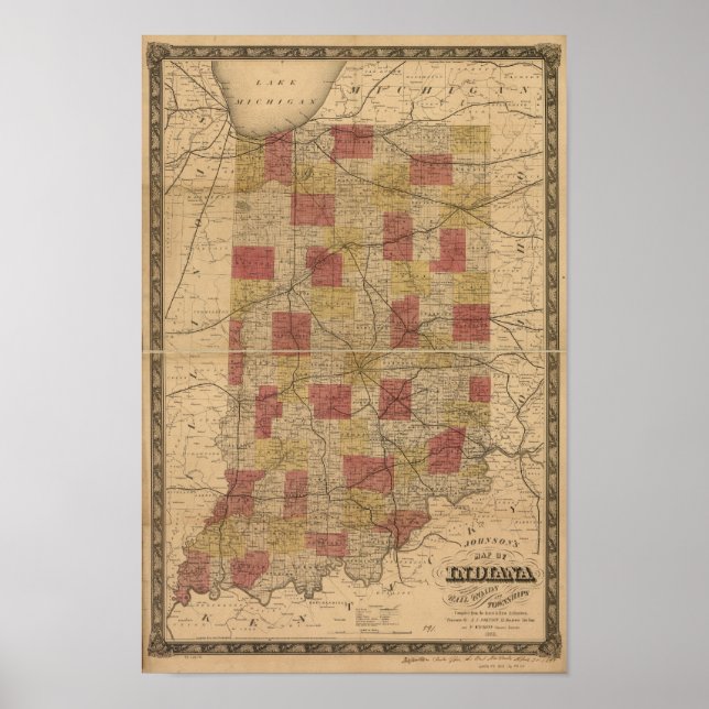 Poster 1858 Carte de l'Indiana représentant les Rails et  (Devant)