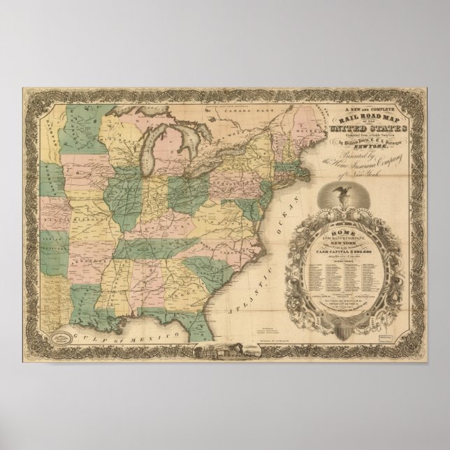 Poster 1858 Carte ferroviaire antique des États-Unis (Devant)