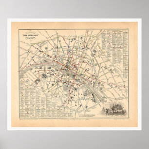 Poster 1858 Carte : Itineraire des Omnibus dans Paris Fra