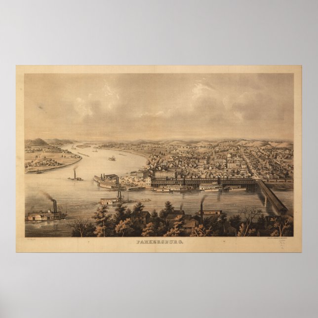 Poster 1861 Parkersburg, WV Bird's Eye View Carte panoram (Devant)