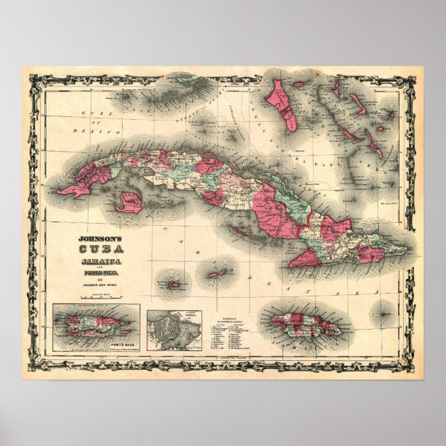 Poster 1862 Carte de CUBA, JAMAICA, et PORTO RICO (Devant)
