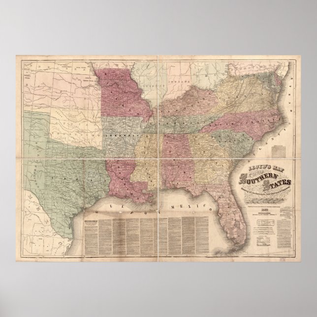 Poster 1862 Carte des États du sud de l'Amérique (Devant)