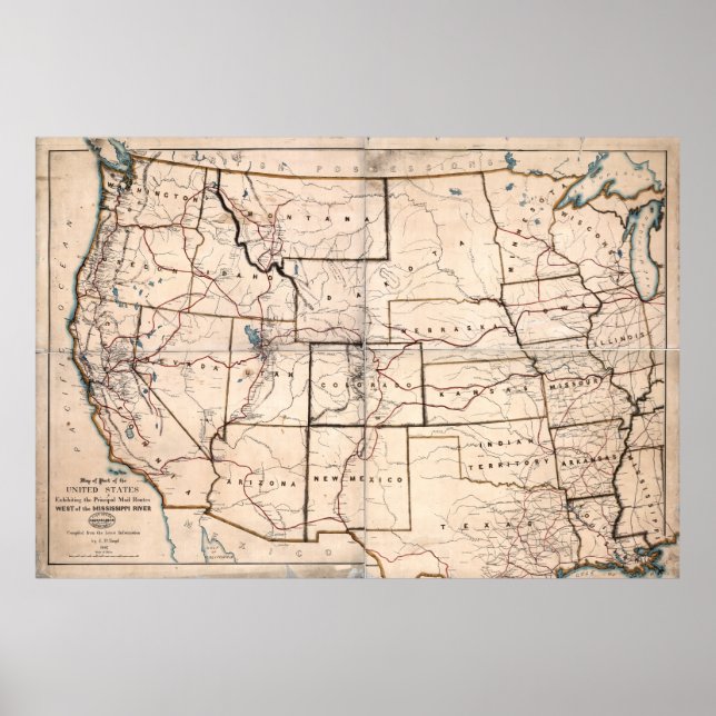 Poster 1867 Carte des routes STAGECOACH et MAIL (Devant)