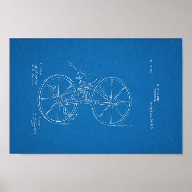 Poster 1869 Vélocipède Vintage Bicycle Bleu Brevet Imprim (Devant)