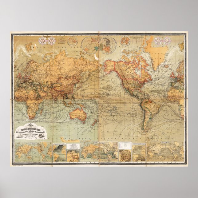 Poster 1870 Carte du monde de Baur et Bromme Projection d (Devant)
