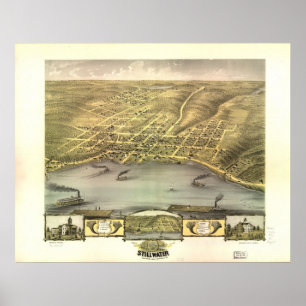 Poster 1870 Stillwater, MN Oiseaux Vue panoramique Carte
