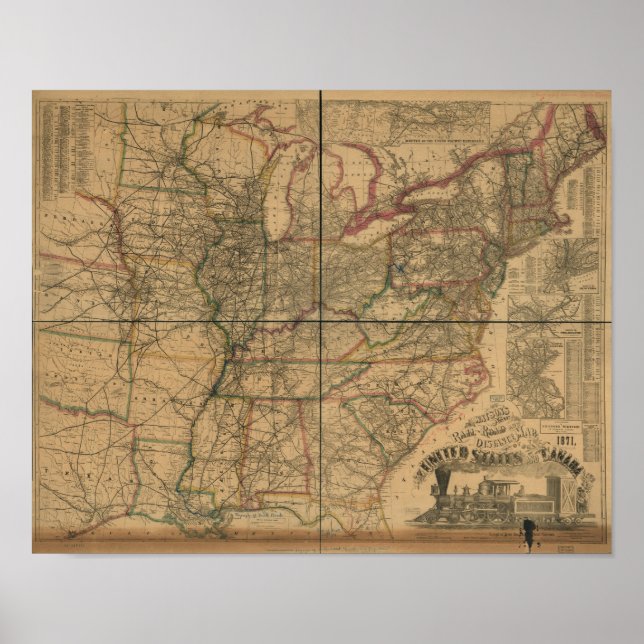 Poster 1871 Carte des chemins de fer et des distances des (Devant)