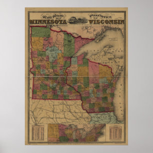 Poster 1871 chemins de fer/carte de bureau de poste de