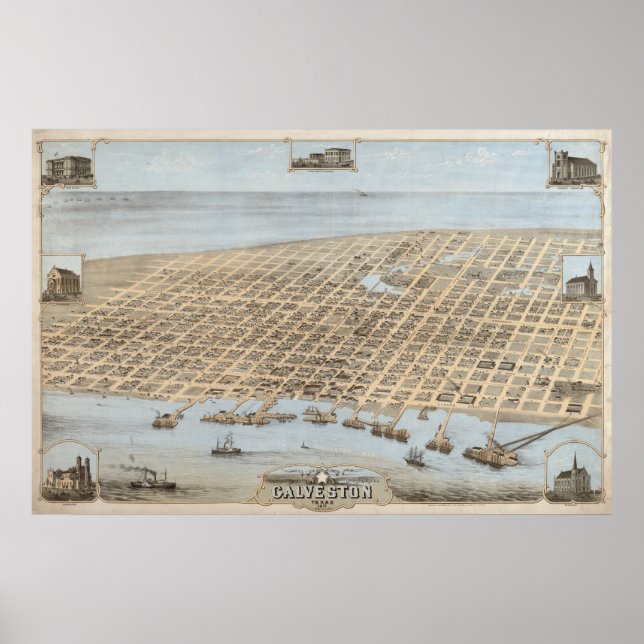 Poster 1871 Galveston, TX Oiseaux Vue panoramique Carte (Devant)