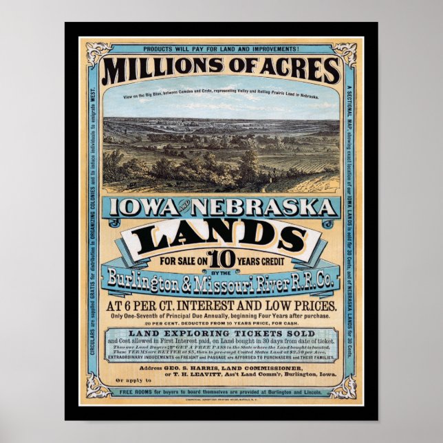Poster 1872 Iowa Nebraska Vente de terrains (Devant)