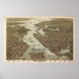 Poster 1873 Norfolk Portsmouth VA BirdsOeil Panoramique C